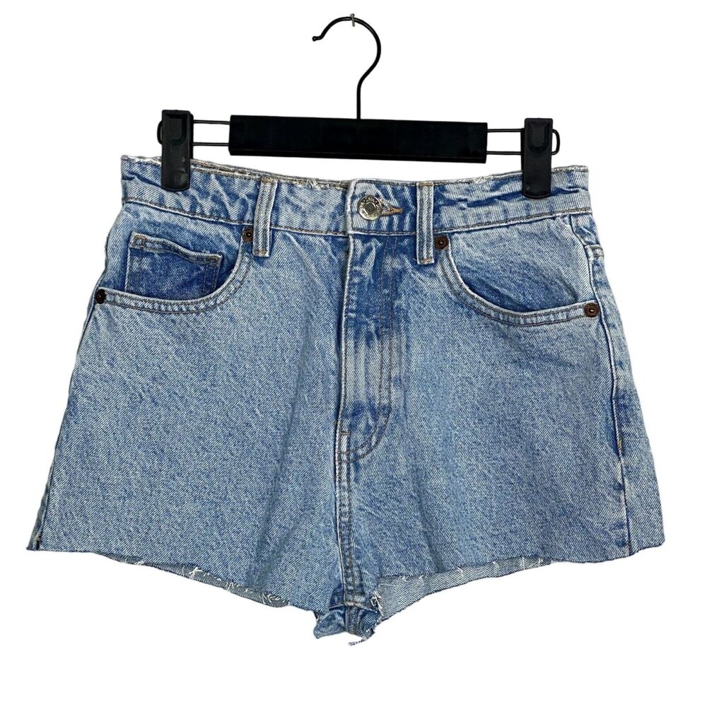 ZARA High Rise Cotton Distressed Raw Hem Cut Off Shorts 5 Pocket Button Zip 4